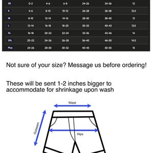 May include: Size chart for monogrammed pajama shorts, with US, UK, and AU sizing. Includes waist, hips, and outseam measurements in inches. A diagram illustrates waist, hips, and outseam dimensions. Text: "Not sure of your size? Message us before ordering!"