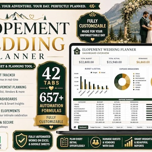 Op de afbeelding: Een digitaal hulpmiddel voor het plannen van een elopement op een laptopscherm, met een dashboard met budgettrackers, onkostenoverzichten en grafieken voor de betalingsstatus. Het bevat 42 tabbladen, 657 automatiseringsformules en is compatibel met Microsoft Excel en Google Sheets.