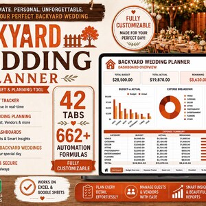 May include: A digital backyard wedding planner displayed on a laptop screen, featuring a dashboard with budget trackers, expense breakdowns, and payment status charts. The interface includes 42 tabs, 662 automation formulas, and compatibility with Microsoft Excel and Google Sheets for comprehensive event organization.