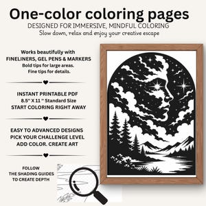 May include: A black and white coloring page featuring a profile of a face formed by clouds and stars above a landscape of pine trees, mountains, and a river. The text reads One-color coloring pages, 8.5" X 11" Standard Size, and other details.
