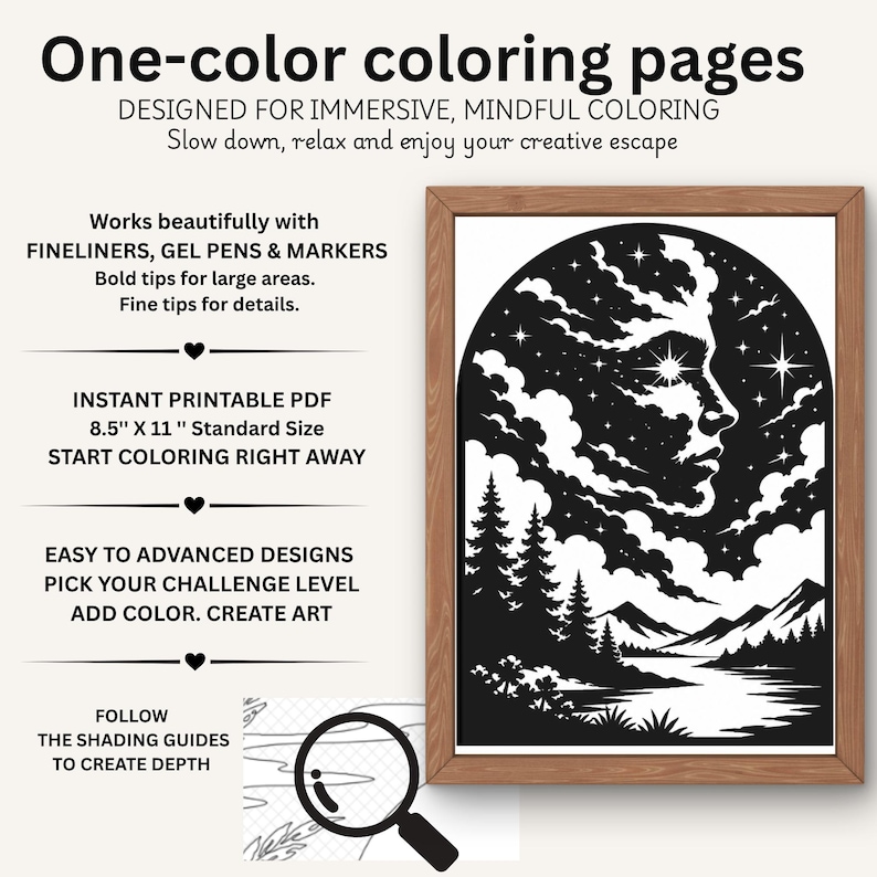 May include: A black and white coloring page featuring a profile of a face formed by clouds and stars above a landscape of pine trees, mountains, and a river. The text reads One-color coloring pages, 8.5" X 11" Standard Size, and other details.