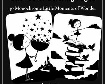 May include: One-Color Coloring Pages 30 Monochrome Little Moments of Wonder. Two black and white illustrations show a person holding an umbrella with stars and a person standing on a stack of books with birds, featuring printable PDF icons.