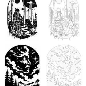 May include: A set of four black and white illustrations arranged in a grid. The top two show an astronaut in a landscape with planets and structures. The bottom two depict a human profile formed by clouds above a forest, river, and mountains.