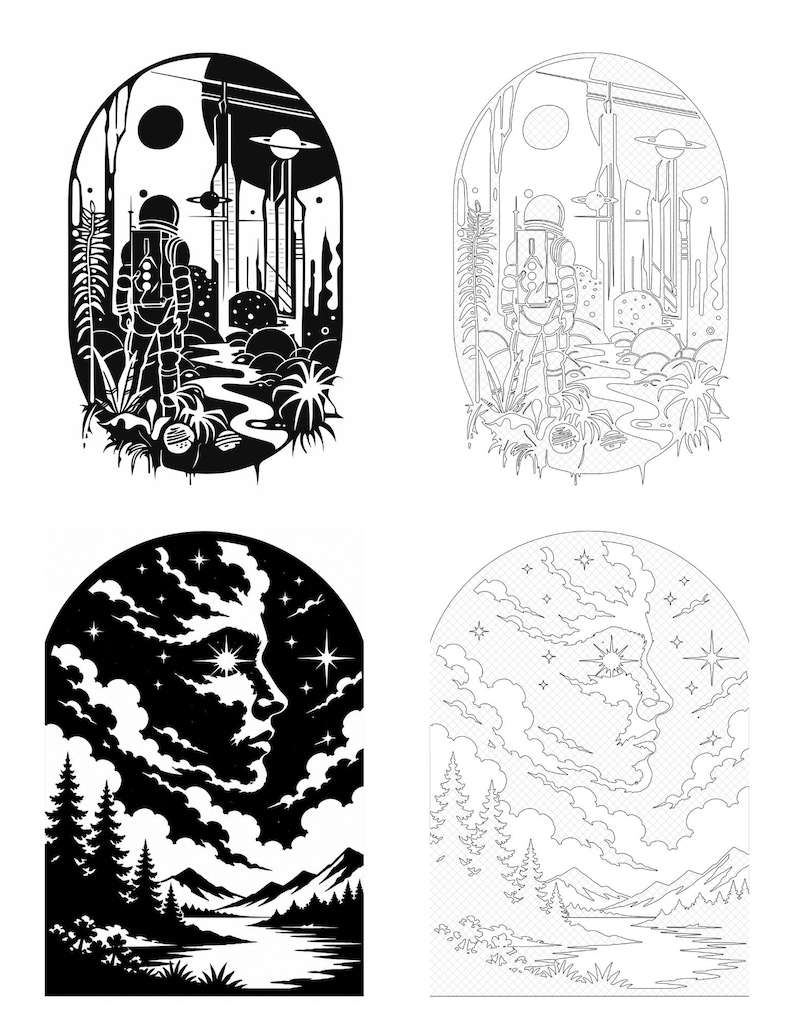 May include: A set of four black and white illustrations arranged in a grid. The top two show an astronaut in a landscape with planets and structures. The bottom two depict a human profile formed by clouds above a forest, river, and mountains.
