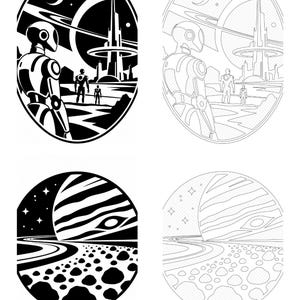 May include: A set of four circular and oval illustrations featuring black and white high-contrast designs. Two images depict robots standing on a planet surface looking at a futuristic city, while two show a large planet over a rocky landscape.
