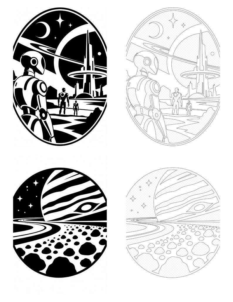 May include: A set of four circular and oval illustrations featuring black and white high-contrast designs. Two images depict robots standing on a planet surface looking at a futuristic city, while two show a large planet over a rocky landscape.