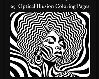 May include: A collection of 65 Monochrome Op Art Optical Illusion Coloring Pages featuring a black and white graphic illustration of a person with a large afro hairstyle, hoop earrings, and wavy lines throughout the design. Text reads Monochrome Op Art.