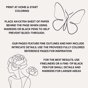 May include: A printable coloring page featuring black line art of a butterfly and a person with flowers in their hair. Text includes instructions to print at home, use extra paper to prevent bleed-through, and use fineliners or markers.