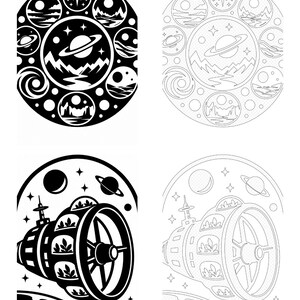 May include: A set of four space-themed illustrations featuring two circular designs with planets, stars, and landscapes, and two depictions of a space station orbiting a planet, presented in both solid black-and-white and line art styles.