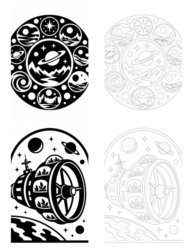 May include: A set of four space-themed illustrations featuring two circular designs with planets, stars, and landscapes, and two depictions of a space station orbiting a planet, presented in both solid black-and-white and line art styles.