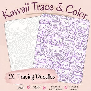 Pode incluir: Duas folhas de colorir digitais intituladas Kawaii Trace & Color e 20 Tracing Doodles. Uma folha apresenta criaturas marinhas como uma baleia, uma água-viva e um cavalo-marinho. A outra mostra um padrão de gatos em xícaras de café.