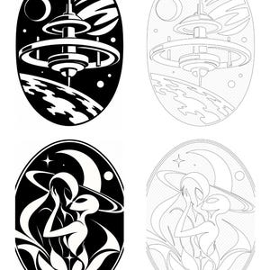 May include: A set of four oval illustrations featuring two black and white designs. The top designs show a space station orbiting a planet. The bottom designs depict two extraterrestrial figures embracing amidst stylized foliage and a crescent moon.