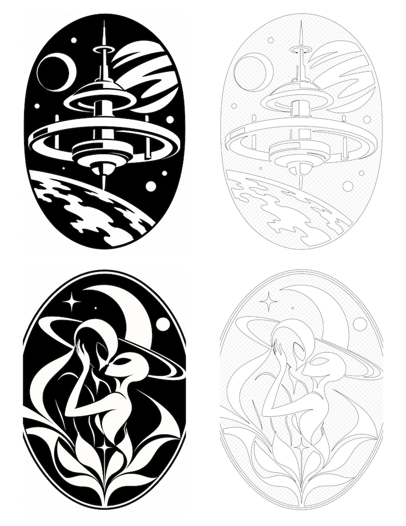 May include: A set of four oval illustrations featuring two black and white designs. The top designs show a space station orbiting a planet. The bottom designs depict two extraterrestrial figures embracing amidst stylized foliage and a crescent moon.
