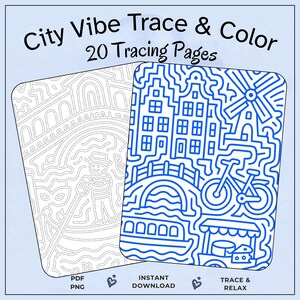 May include: City Vibe Trace & Color 20 Tracing Pages digital product featuring two rectangular sheets with blue and gray line art illustrations of city scenes including a windmill, bicycle, canal bridge, boat, and a gondolier in a gondola.