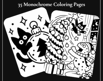 Monochromatyczne kolorowanki z bożonarodzeniowymi osobliwościami | 35 świątecznych kolorowanek dla dorosłych i dzieci | Plik PDF do druku