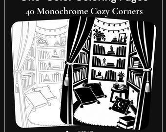 Monochromatyczna, przytulna kolorowanka: Pokoje w stylu hygge i przytulne zakątki | 40 stron | Natychmiastowe pobranie