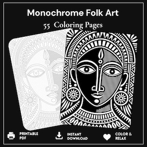 Puede incluir: Una colección digital titulada Monochrome Folk Art con 55 páginas para colorear. La imagen muestra dos hojas rectangulares con intrincados dibujos de líneas en blanco y negro de un rostro estilizado, una con fondo blanco y otra con fondo negro.