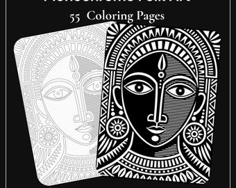 Monochromatyczna kolorowanka z motywem ludowej sztuki plemiennej | 55 stron w jednym kolorze | Dołączone strony z konturami | Kolorowanka dla dorosłych w formacie PDF | Natychmiastowe pobranie