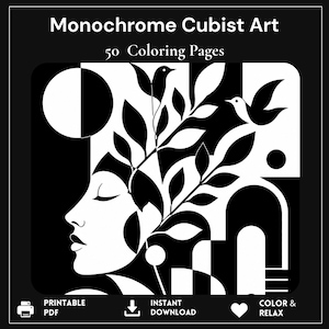 Könnte beinhalten: Eine schwarz-weiße digitale Grafik mit dem Titel Monochrome Cubist Art 50 Coloring Pages. Das Bild zeigt das Profil eines Gesichts mit geschlossenen Augen, verziert mit belaubten Zweigen und Vögeln, vor geometrischen Formen, einem Kreis und Bögen.