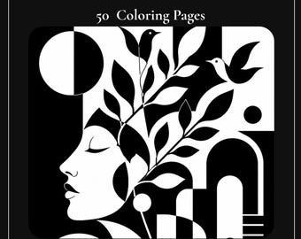 May include: A black and white digital graphic titled Monochrome Cubist Art 50 Coloring Pages. The image features a profile of a face with closed eyes, adorned with leafy branches and birds, set against geometric shapes, a circle, and arches.