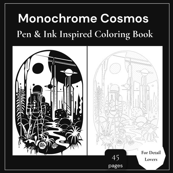 Space Coloring Book PDF | Cosmos Coloring Pages for Adults | 45 Monochrome Printable Pages | Instant Download