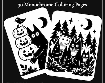 Kolorowanki z Halloween Oddities | Do druku w formacie PDF | 30 oryginalnych monochromatycznych wzorów