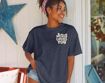 Jesus Loves You retro block text T-Shirt | Christian faith tee