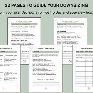 May include: A 22-page downsizing planner and checklist document set. The pages feature headers like Downsizing Planner & Checklist, Sentimental Items & Collections, Garage/Shed, Your Downsizing Timeline, Bathroom, and Keep, Gift, Sell, Donate or Let Go.