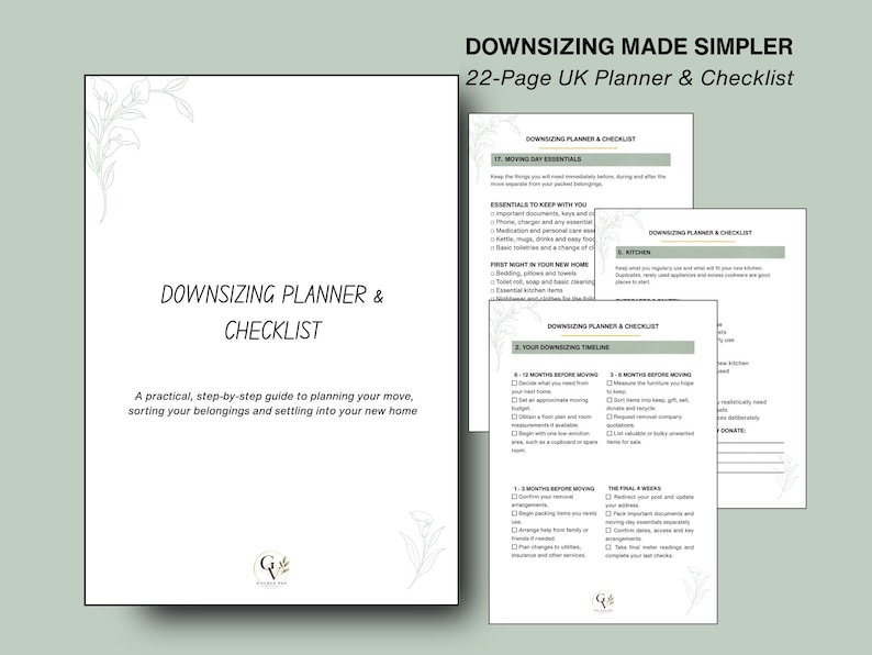 May include: A 22-page UK downsizing planner and checklist document with white pages, black text, and sage green accents. The cover features the title Downsizing Planner & Checklist, a floral illustration, and a small logo at the bottom center.