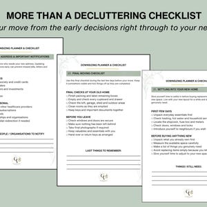 May include: Three pages of a downsizing planner and checklist with black text on white paper. The headers read MORE THAN A DECLUTTERING CHECKLIST, DOWNSIZING PLANNER & CHECKLIST, and sections for change of address, final moving, and settling in.