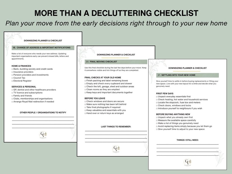 May include: Three pages of a downsizing planner and checklist with black text on white paper. The headers read MORE THAN A DECLUTTERING CHECKLIST, DOWNSIZING PLANNER & CHECKLIST, and sections for change of address, final moving, and settling in.