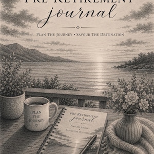 Pode incluir: Um diário Pre Retirement de espiral com uma caneta sobre a capa, que apresenta uma paisagem ao pôr do sol. Uma caneca com a etiqueta Plan The Journey, uma planta em vaso e um vaso de flores estão sobre uma mesa de madeira.