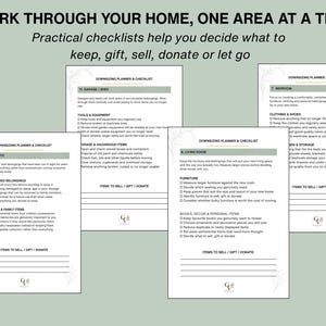 May include: A set of three white paper downsizing planner and checklist sheets with black text. The headers read WORK THROUGH YOUR HOME, ONE AREA AT A TIME and Practical checklists help you decide what to keep, gift, sell, donate or let go.