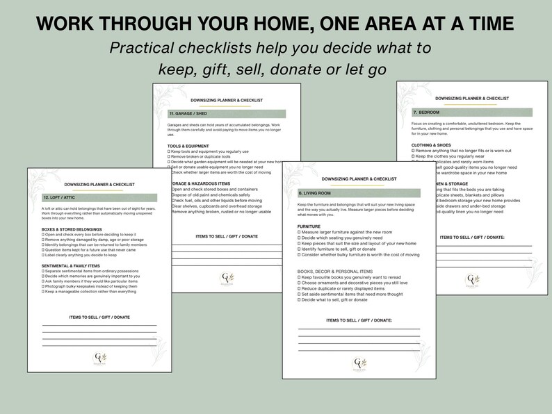 May include: A set of three white paper downsizing planner and checklist sheets with black text. The headers read WORK THROUGH YOUR HOME, ONE AREA AT A TIME and Practical checklists help you decide what to keep, gift, sell, donate or let go.
