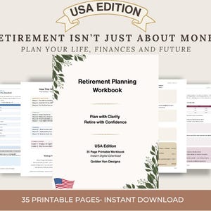 Puede incluir: Un libro de trabajo de planificación de jubilación de 35 páginas, edición USA, con una cubierta blanca que presenta ilustraciones de hojas verdes, el texto Retirement Planning Workbook, Plan with Clarity Retire with Confidence y una bandera.