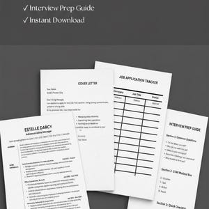 May include: A resume template bundle including a cover letter, interview prep guide, and job application tracker. The templates are Canva editable and available for instant download. The image shows sample resume and cover letter layouts.
