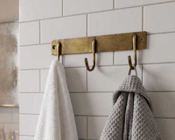 Unlacquered Brass Hook Rack, Vintage Wall Mounted 3 Hook Organizer, Rustic Entryway Towel Holder