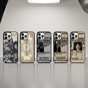 May include: Five rectangular smartphone cases featuring Harry Potter themed designs. The cases display various graphics including a collage of characters, a Platform 9 3/4 ticket, and newspaper-style prints with headlines like The Daily Prophet.