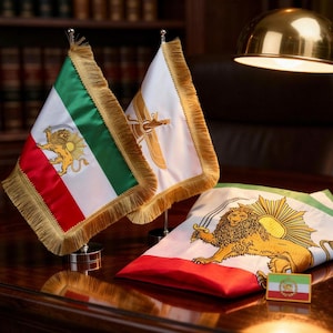 Persian Lion & Sun, Faravahar Tabletop Flags, Outdoor Flag, Embroidered Patch Set