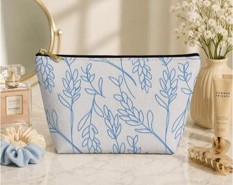 Neceser con diseño botánico azul / Neceser minimalista floral / Neceser con base en T / Organizador con diseño moderno inspirado en la naturaleza