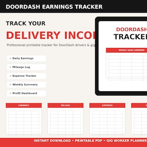 Könnte beinhalten: Ein druckbarer DoorDash-Einnahmen-Tracker mit schwarzem Rand. Der Tracker enthält Abschnitte für tägliche Einnahmen, Kilometerprotokoll, Ausgaben-Tracker, Wochenzusammenfassung und Gewinn-Dashboard. Der Text "DELIVERY INCOME" steht in großen roten Buchstaben.