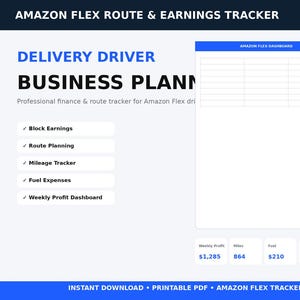 May include: A digital business planner for Amazon Flex drivers. The design includes the text "Delivery Driver Business Planner" and features sections for block earnings, route planning, mileage tracking, fuel expenses, and a weekly profit dashboard. The bottom includes financial data.