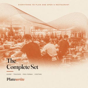 May include: An image in shades of orange, featuring the text "EVERYTHING TO PLAN AND OPEN A RESTAURANT". The words "The Complete Set" are central, with "GUIDE TRACKER PRO-FORMA COSTING" underneath. The Platewrite logo is visible at the bottom of the image.