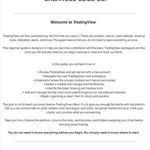 May include: A white informational document titled BALANCED EDGE CO. Welcome to TradingView. The text outlines a beginner guide for navigating the TradingView workspace, including toolbars, menus, chart settings, and drawing tools for market analysis.