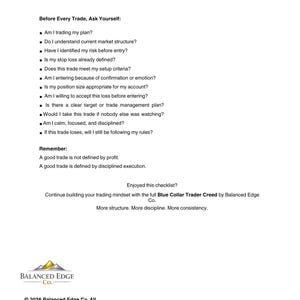 May include: A white document titled BALANCED EDGE CO. Blue Collar Trader Pre-Trade Checklist. It lists twelve questions for traders to ask before every trade, followed by a reminder about disciplined execution and a footer with company branding.