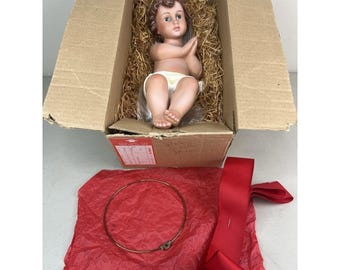 Vintage Arte Modelo Olot Praying Baby Jesus With Gold Halo Glass Eyes Spain