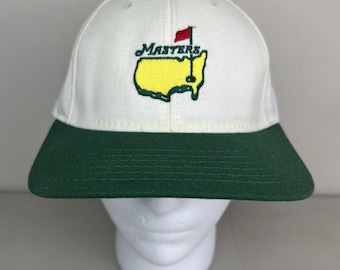 1990's Vintage Masters Golf Hat USA Leather Strapback White Green Bill