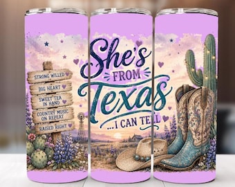 She's From Texas Tumbler Wrap | Western Cowgirl Boots Cactus (Digital Download) 20oz Skinny Tumbler Sublimation Design