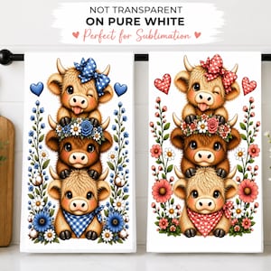 Staplade kökshanddukar med höglandskon, 2-pack design, sött kök med höglandskon, PNG-sublimering, digital nedladdning