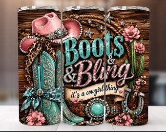 Western Cowgirl Boots & Bling Tumbler Wrap PNG , 20oz Skinny Tumbler Design, Cowgirl Boots Sublimation (Digital Download)